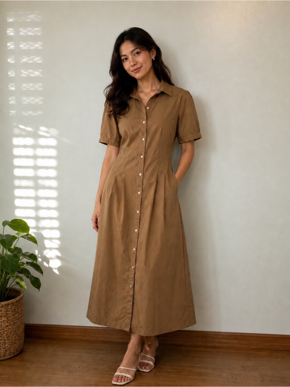 J. McLaughlin Shirt Dress Brown Button Front Midi Women Medium Cotton Midi